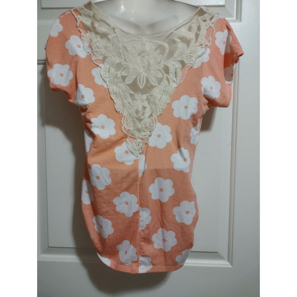 Floral Print Lace Back Detail Short Sleeve Top Small - Picture 5 of 8
